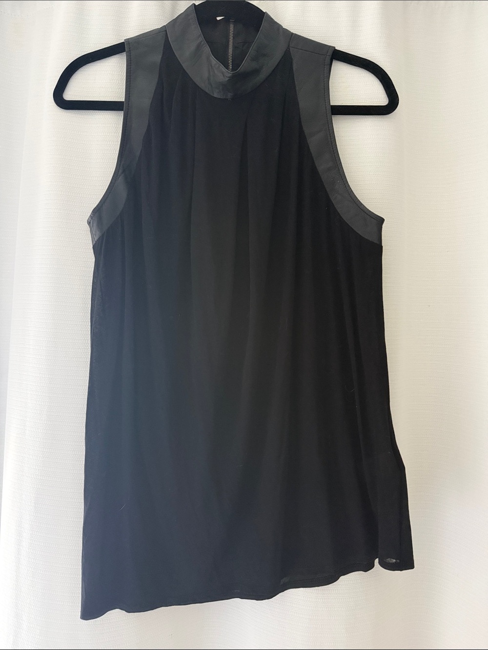 Helmut Lang Black Sleeveless Leather Trim Mock Neck Tank